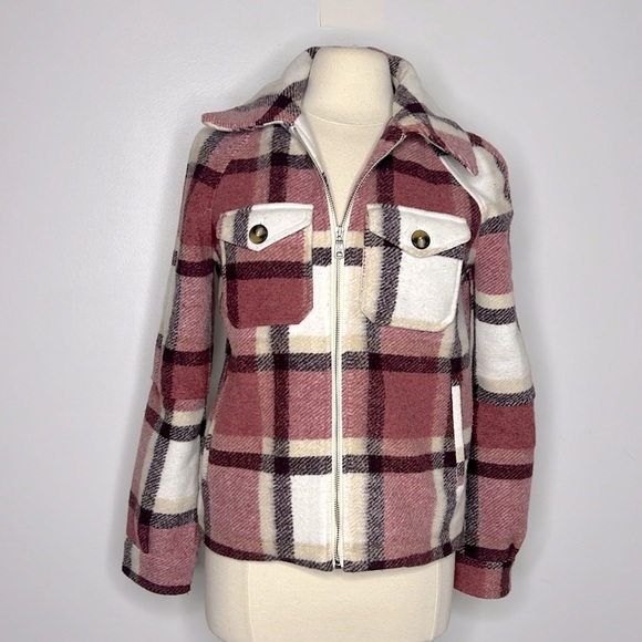 Avec Les Filles tartan Plaid Zip Front oversized Jacket size XS Cranberry/Cream - Picture 4 of 12